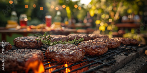 Barbecue Event mit leckeren saftiges Fleisch und Burger auf dem Grill, ai generativ photo