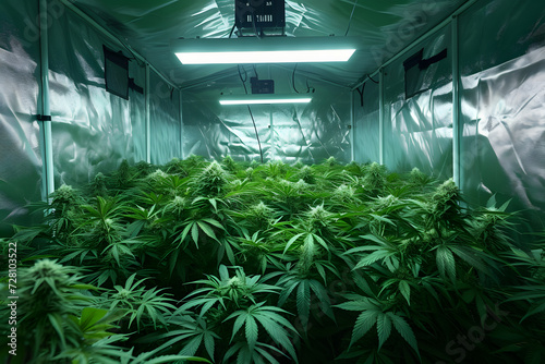 Indoor Cannabiskultur  Farbenpr  chtige Growbox mit reifen Cannabispflanzen
