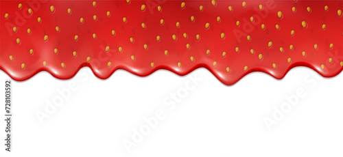 3d realistic vector illustration. Strawberry jam driping, liqud flowing on white background.