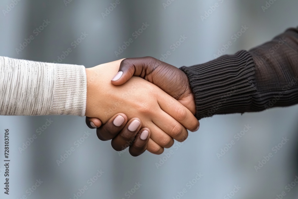 Handshake of people of different races, close up photo. Generative AI Handshake of people of different races, close up photo. Generative AI