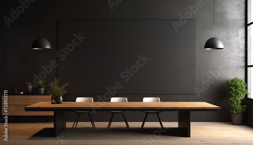 modern interior design office hall with conference table, wooden floor and dark wall background
