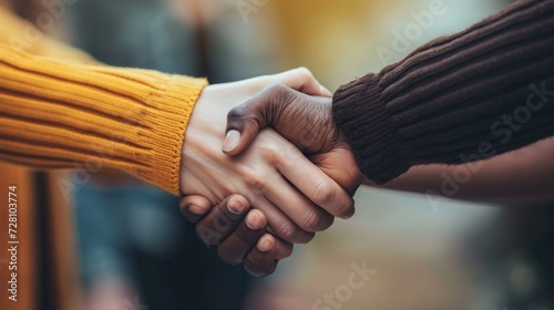 Handshake of people of different races, close up photo. Generative AI