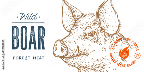 Pork, pig, hog, head, meat tag label. Template Meat Tag Label. Vintage print, tag, label pig sketch ink pencil style drawing. Butchery pork pig head meat shop, text, typography. Vector Illustration
