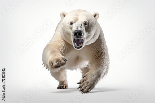 Polar Bear leaping toward the camera on a white background, animal front portrait.