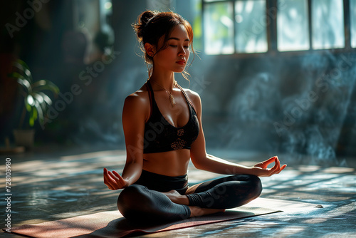 A young woman sitting in yoga asana lotus. Young woman doing yoga at home.