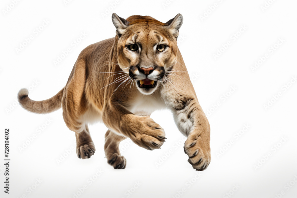 Obraz premium Mountain Lion leaping toward the camera on a white background, feline front portrait.