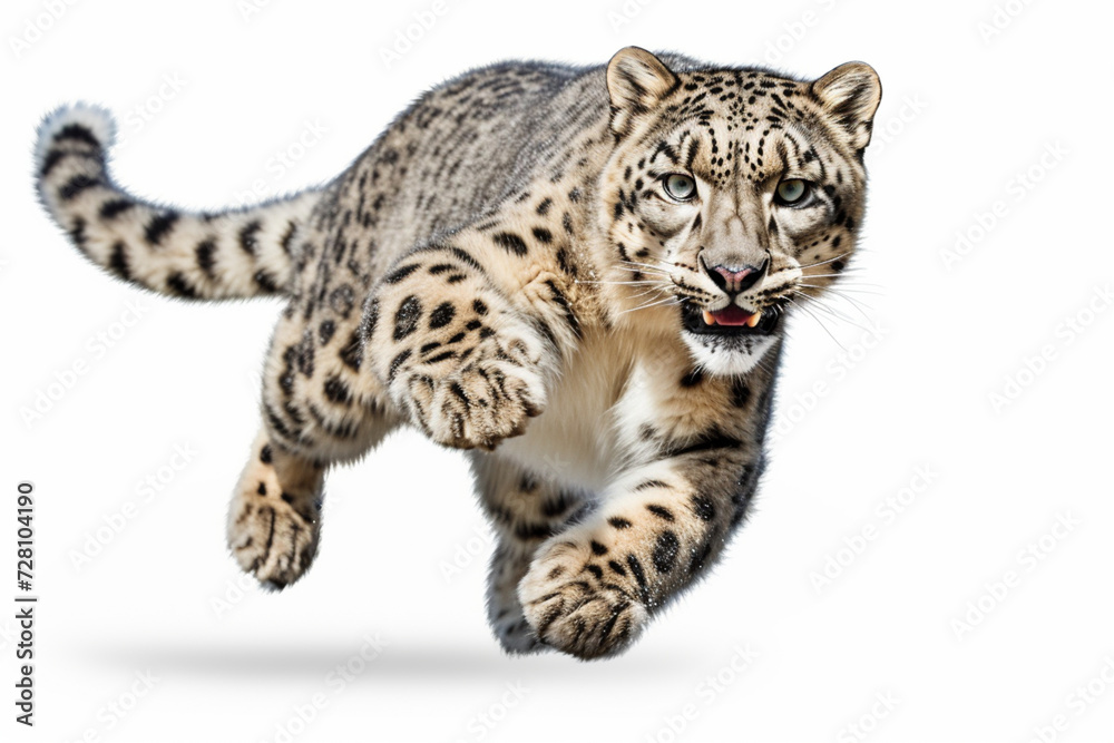 Snow Leopard leaping toward the camera on a white background. Beautiful feline front portrait Snow Leopard leaping toward the camera on a white background. Beautiful feline front portrait