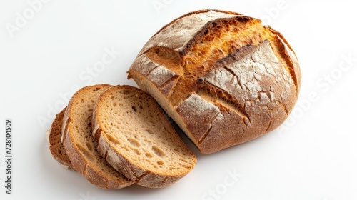 Freshly baked round Bread isolated on white background. Sliced, cutted wheat bread. Bakery, rustic traditional food concept. Top view