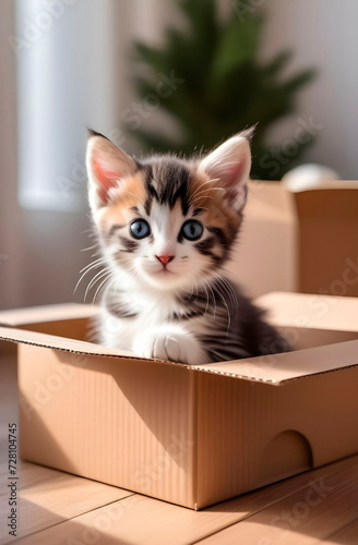 A tricolor kitten is sitting in a cardboard box.
