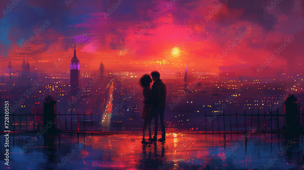 Fototapeta premium An intimate moment between lovers as they kiss against enchanting night city skyline