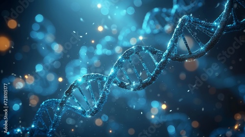 Luminous DNA strands on a dark blue background