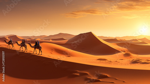 Desert dunes landscape with distant camel riders