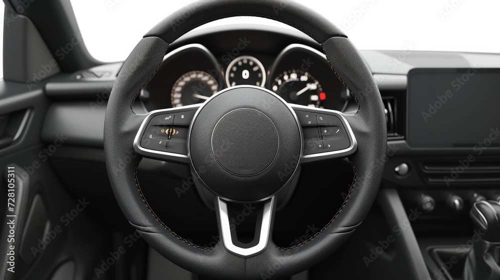 Modern car interior. Steering wheel with media phone control buttons isolated on white background. Car interior details. Steering wheel isolated on white background