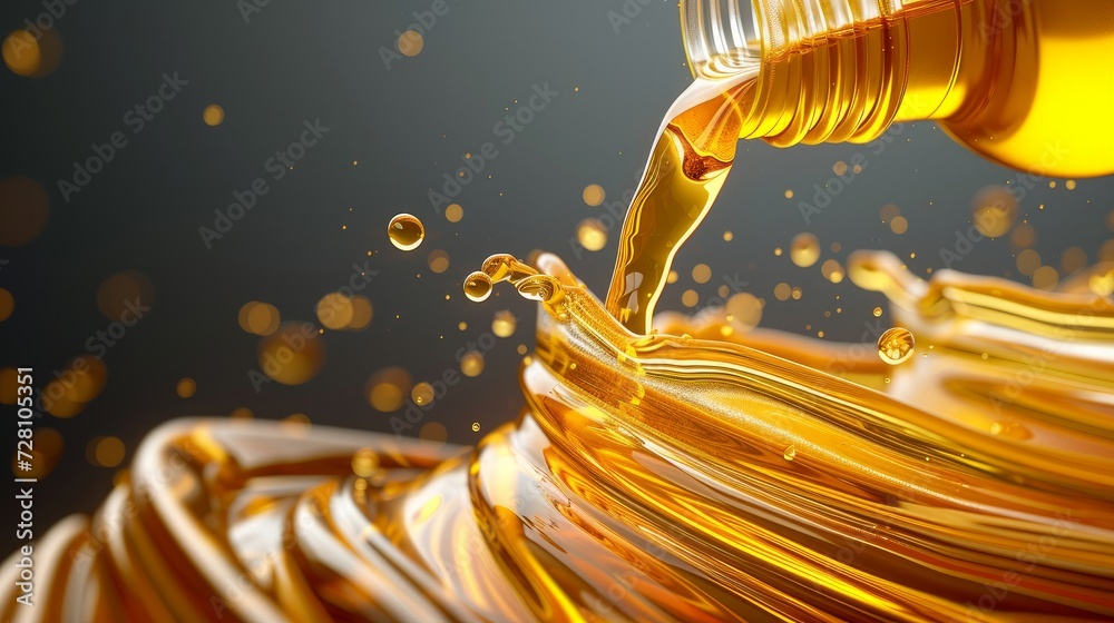 © Orxan - Motor oil bottle with splash and drops, car engine synthetic or mineral oil change service vector poster. Motor oil lubricant for diesel or gasoline auto engines with 3d wave splash flow of oil