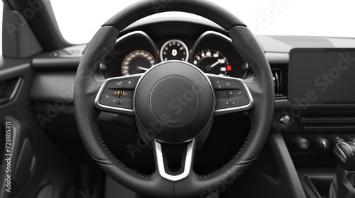 Modern car interior. Steering wheel with media phone control buttons isolated on white background. Car interior details. Steering wheel isolated on white background © Orxan