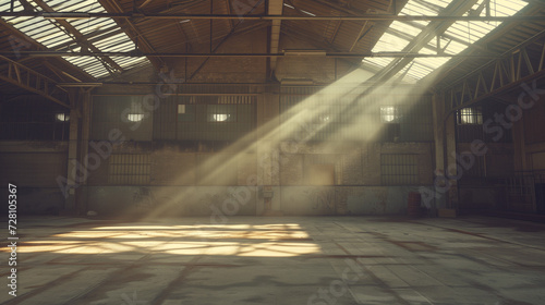 Old Empty Dusty Warehouse with Sunlight Streaming through Windows