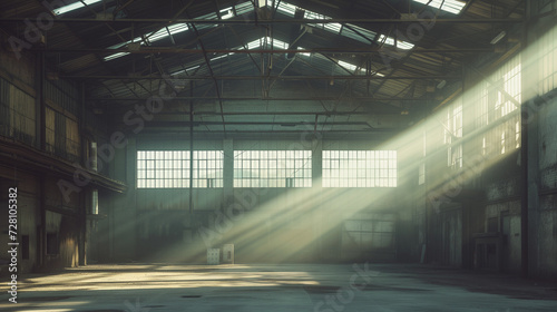 Old Empty Dusty Warehouse with Sunlight Streaming through Windows