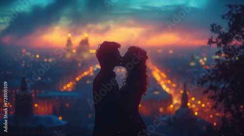 Love knows no bounds as couple kisses amidst the luminous beauty of the night city