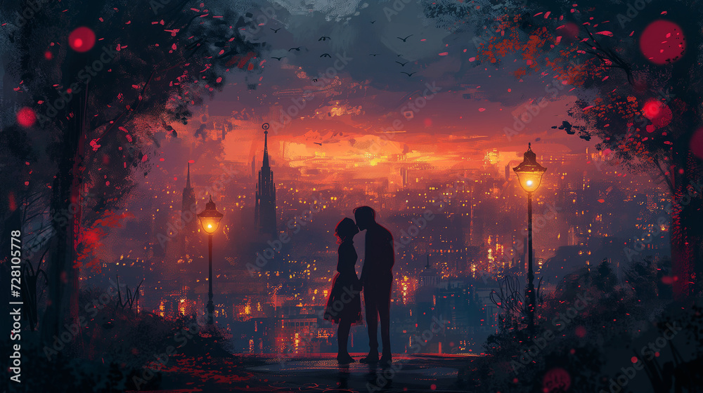 A couple's loving kiss against the backdrop of sprawling city aglow with lights A couple's loving kiss against the backdrop of sprawling city aglow with lights