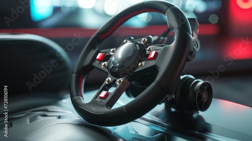Realistic game steering wheel. Device for computer racing. Driving simulation. Concept for computer clubs, entertainment centers. Sale of game equipment. Store advertisement photo