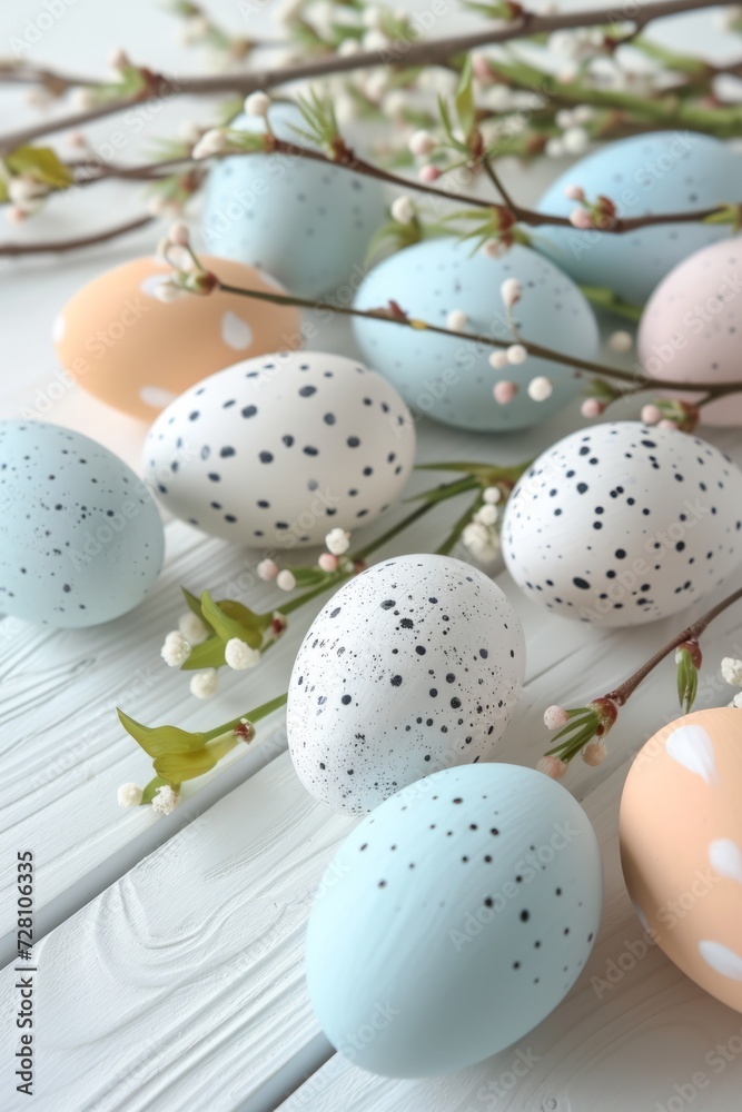 Easter eggs and flowers on a white wooden background.