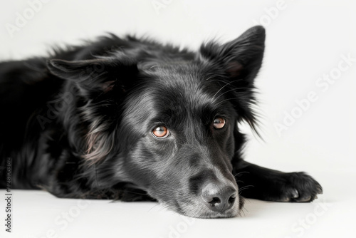 Black dog with a penetrating gaze lying down on a white background, showcasing a thoughtful expression.