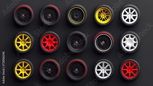 set collection black wheel red yellow white line compounds type soft tyre hard medium soft compound rubber logo symbol icon vector template strategy team principal isolated background photo