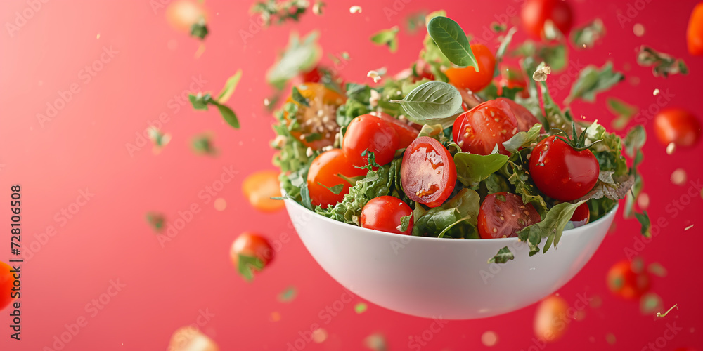 Healthy vegan salads, tomatoes, flying bowl