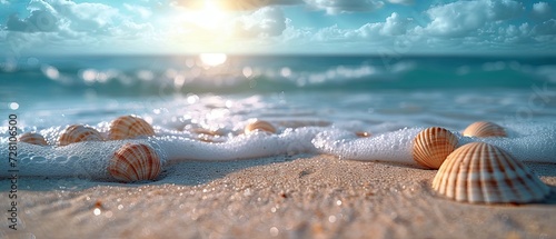 Seashells on Sandy Beach With Sun in Background