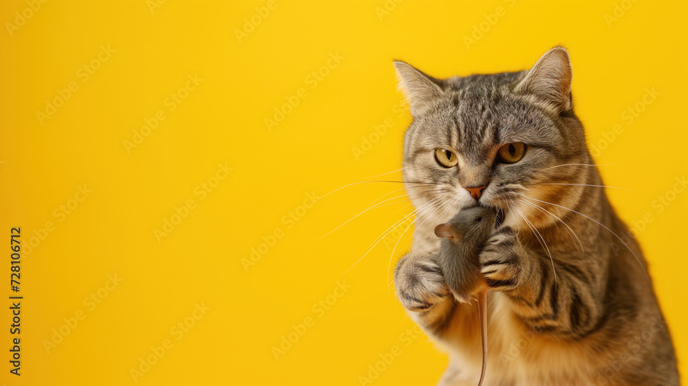 Advertising portrait, banner, cat holding a mouse in its mouth, isolated on yellow background