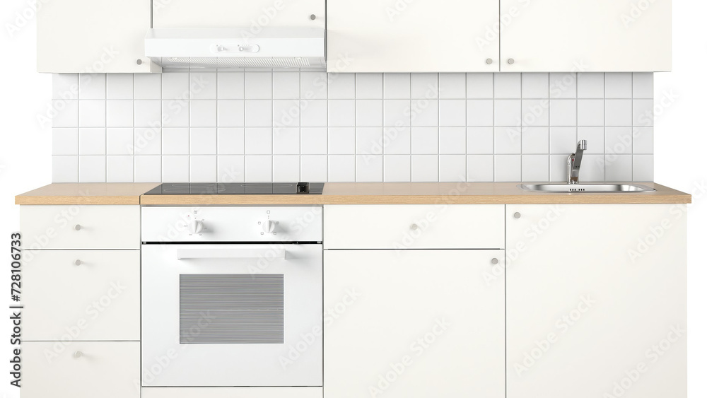 Closeup of white kitchen with brown counter.