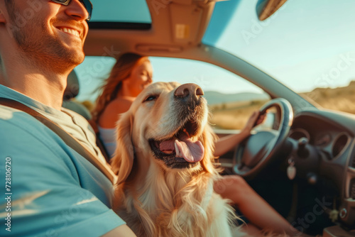 Golden Retriever enjoying a car ride with owners, head out the window, feeling the breeze during a sunset drive. © Ilia