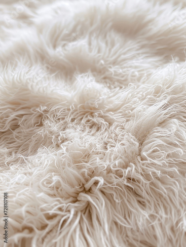 Close-up of a soft white furry rug, warm and plush.