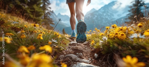 Hiking in the mountains. Female legs with sports shoes and backpack running on a trail mountain