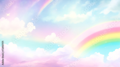Holographic fantasy rainbow unicorn background with clouds and stars. Pastel color sky. Magical landscape  abstract fabulous pattern. Cute candy wallpaper. Vector.