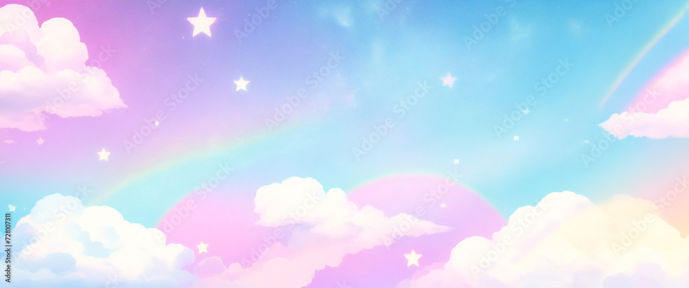 Holographic fantasy rainbow unicorn background with clouds and stars. Pastel color sky. Magical landscape, abstract fabulous pattern. Cute candy wallpaper. Vector.