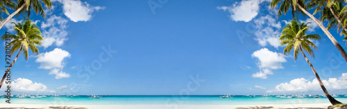 Fototapeta Naklejka Na Ścianę i Meble -  Tropical beach with coconut palm trees, white sand and turquoise sea. Travel concept. Long banner