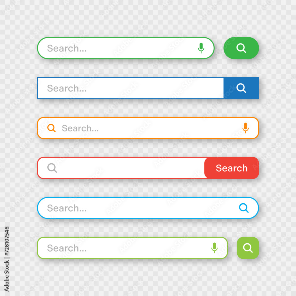 Colorful search bar templates. Internet browser engine with search box, address bar and text field. UI design, website interface element with web icons and push button. Vector illustration Colorful search bar templates. Internet browser engine with search box, address bar and text field. UI design, website interface element with web icons and push button. Vector illustration