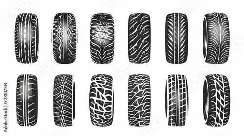 Tire mark. Car and motorcycle tire track vector set. Truck tread mark on the road concept. Vector tire mark from different tread type of car and motor wheel photo