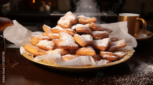 Beignet de carnaval alsacien typiques de la région faits en forme de losange à trou appelés késala / kissle, coussins dentelés photo