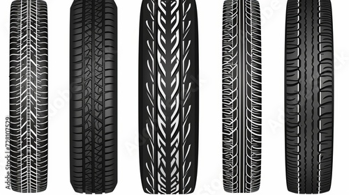 Tire mark. Car and motorcycle tire track vector set. Truck tread mark on the road concept. Vector tire mark from different tread type of car and motor wheel photo