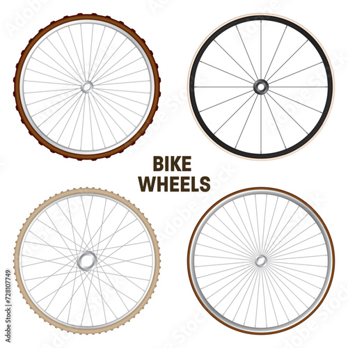 Realistic 3d retro bicycle wheels. Vintage bike rubber tyres, shiny metal spokes and rims. Fitness cycle, touring, sport, road and mountain bike. Vector illustration
