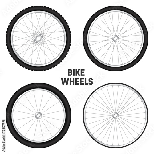 Realistic 3d bicycle wheels. Bike rubber tyres, shiny metal spokes and rims. Fitness cycle, touring, sport, road and mountain bike. Vector illustration