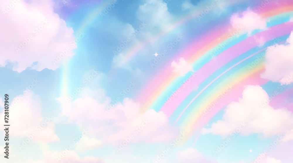 Holographic fantasy rainbow unicorn background with clouds and stars. Pastel color sky. Magical landscape, abstract fabulous pattern. Cute candy wallpaper. Vector. Holographic fantasy rainbow unicorn background with clouds and stars. Pastel color sky. Magical landscape, abstract fabulous pattern. Cute candy wallpaper. Vector.