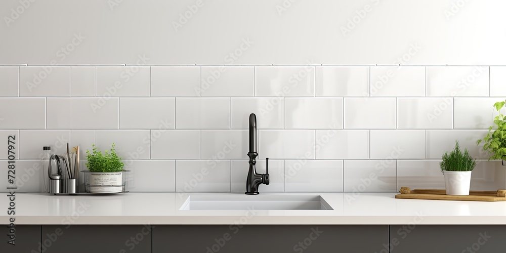 Fototapeta premium White ceramic tiles used as copy space in an industrial kitchen with a black faucet, creating a banner-like panorama.