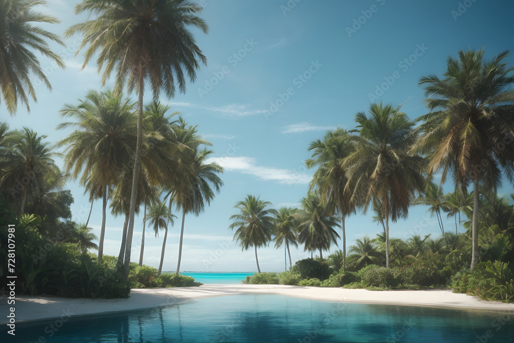 beach with tropical palm trees 
