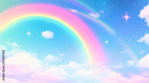 Holographic fantasy rainbow unicorn background with clouds and stars. Pastel color sky. Magical landscape, abstract fabulous pattern. Cute candy wallpaper. Vector. © Marios