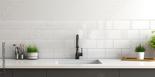 White ceramic tiles used as copy space in an industrial kitchen with a black faucet  creating a banner-like panorama.