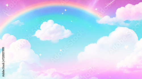 Holographic fantasy rainbow unicorn background with clouds and stars. Pastel color sky. Magical landscape, abstract fabulous pattern. Cute candy wallpaper. Vector. © Marios