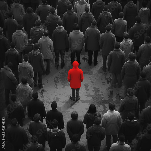 Man standing out in red from the crowd in black and white, advertising style